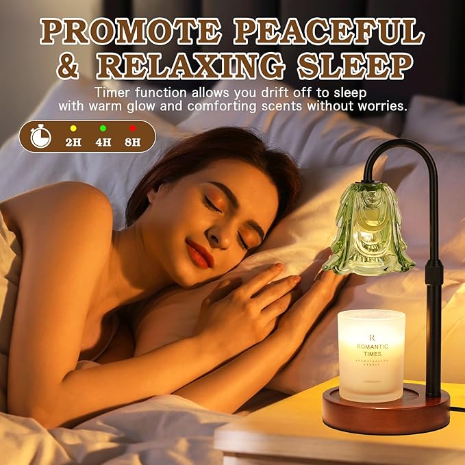 Small Candle Warmer Lamp with Timer, Adjustable Green Lamp Warmer for Jar Candles, Unique Women Gifts for Birthday, Dimmable Candle Heater, Cute Wax Warming Light with Wood Base