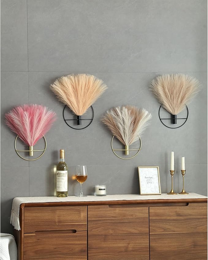 Pretty Jolly Boho Wall Art, Hanging Artificial Pampas Display, 2 Pack - Beige, Coffee, Gold - Living Room, Bedroom, Bathroom, Dining Room