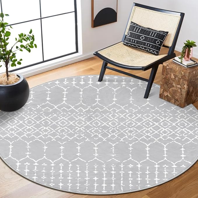 Lahome Moroccan Washable Round Rug 4Ft Round Area Rugs for Bedroom Non-Slip Grey Stain Resistant Round Kitchen Rug, Modern Geometric Print Indoor Floor Circle Carpet for Entryway Living Room Sofa Hana
