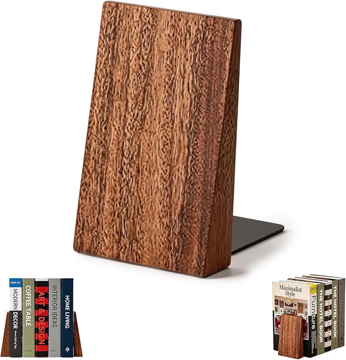 Natural Walnut Wood Bookends for Shelves – Heavy Duty Book Organizer