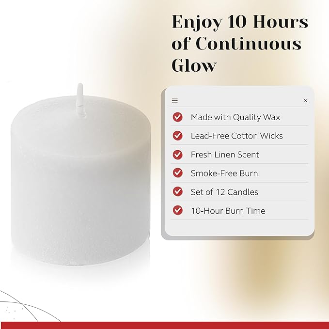 Fresh Linen Scented Votive Candles, Set of 12-1.25" Wax Candles for Home, Scented 10 Hour Burn Time - Aromatherapy, Spa Ambiance, Table Centerpieces & Home Décor