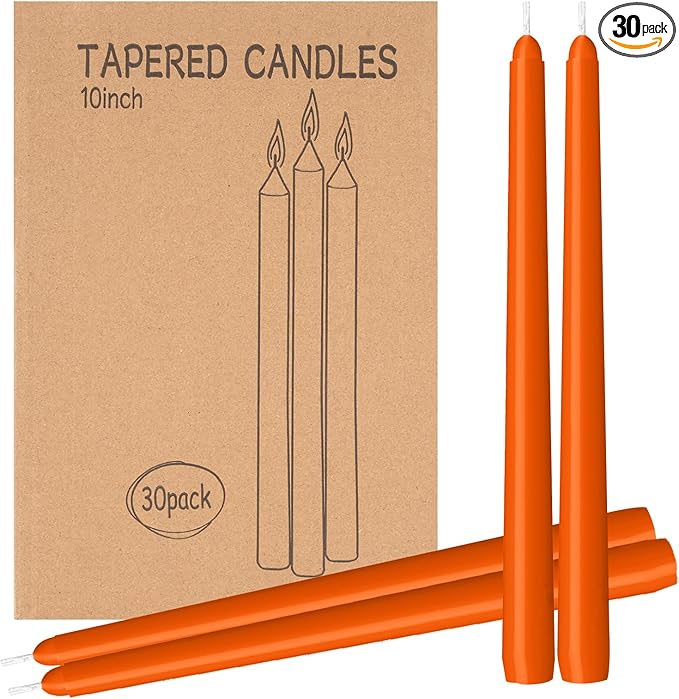 LYOBATH 30 Pack Orange Taper Candles - Taper Candles 10 Inch Dripless, Smokeless & Unscented - 8 Hours Long Burning - Ideal for Weddings, Dinner Parties, and Home Decor