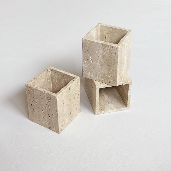 Natural Marble Stone Square Storage Container Empty Vessel Holder Cup for Candle/Pens/Sundries items (Beige Travertine)