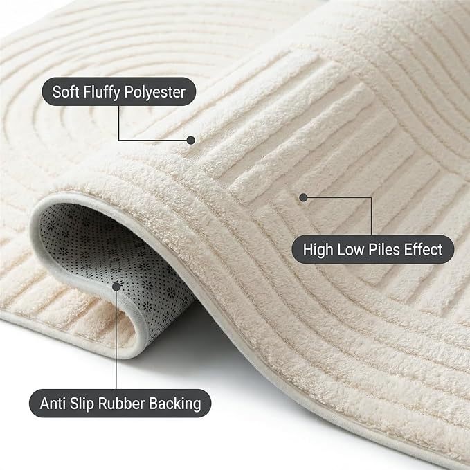 5x7 Solid Color Area Rugs, Washable Beige Modern Geometric Living Room Rug, Durable Non-Slip Soft High-Low Pile Carpet, Fluffy Floor Rugs for Bedroom, Kids Room, Nursery, Home Décor
