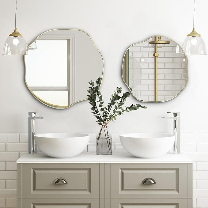 POZINO Asymmetrical Mirror, 25" Irregular Wall Mirrors, Gold Scalloped Rounded Mirror, Modern Frameless Abstract Mirrors for Bathroom Living Room Bedroom Entryway Fireplace