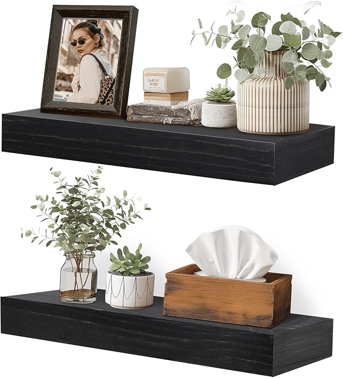 17x6.8x2 Inch Rustic Floating Shelves for Wall Set of 2 - Black Solid Wood Wall Mounted Shelves with Invisible Bracket, Compact Design for Farmhouse Living Room Bedroom Kitchen Decor