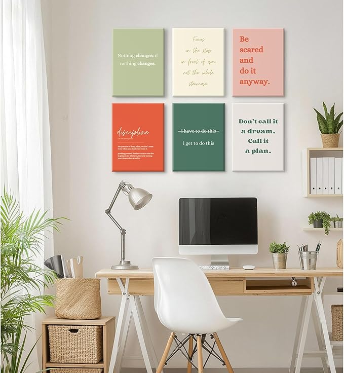 Office Wall Art Motivational Posters Inspirational Quote Canvas Wall Decor Office Positive Pictures Inspirational Classroom Art Motivational Work Prints for Gym Home 8x10 Inch Wrapped Canvas Set of 6