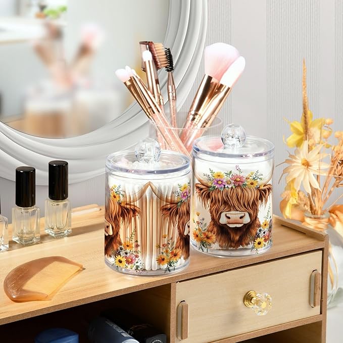 2 Pack Qtip Holder Dispenser for Cotton Ball Adorable Highland Cow Florals Swab Round Pads Clear Plastic Acrylic Jar Set Bathroom Canister