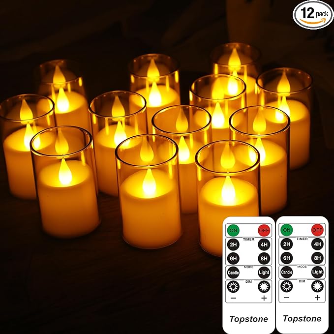 Topstone LED Pillar Candles with Remote Control - 3" x 2" Flameless Battery Operated Candles,Timer & Dimmer, Warm Yellow Flickering Light for Home Decor, Wedding, Centerpiece (12 Pack)