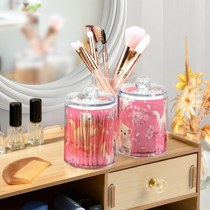2 Pack Apothecary Jars Whimsical White Kitten Cherry Bathroom Vanity Storage Organizer Set,Small Clear Plastic Storage Jars Bathroom Canister for Cotton Swabs, Rounds, Balls, Qtips,Makeup Spong