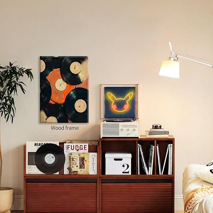 90s Music Vinyl Records Canvas Poster Trendy Modern Music Wall Art Vintage Minimalist Aesthetic Prints 16X24 inch Framed for Living Room Bedroom Dorm Wall Decor