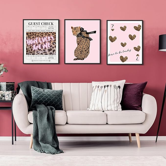 Habseligkeit Pink Leopard Print Wall Art, Preppy Wall Decors for Room Aesthtic, Fashion Posters for Girls Bedroom Decor Aesthetic Unframed, 8X10in, Set of 6