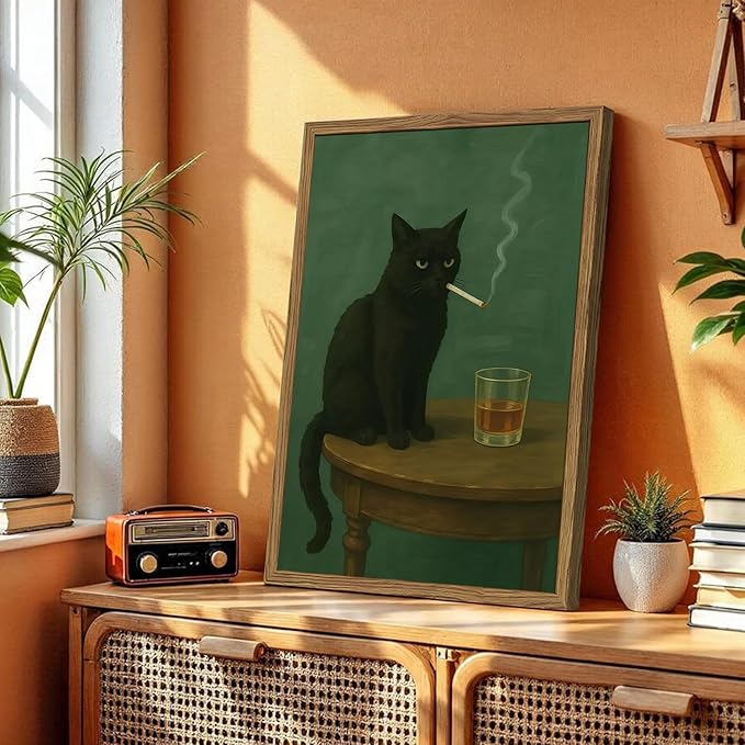 Moody Black Cat Wall Art, Funny Smoking Cat with Whiskey Wall Decor Painting Dark Humor Animal Bar Cart Poster Canvas Prints for Living Room Bedroom 16x24 inch Wood Framed