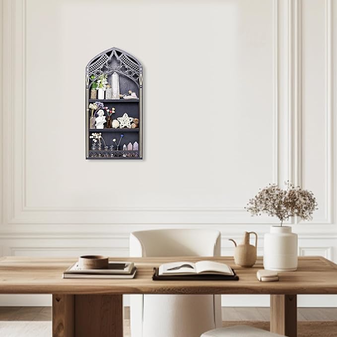Gothic Window Crystal Shelf Display for Wall, Wooden Gem Stone Rock Storage Holder Trinkets Organizer, Wall Mount Stand Case Box for Witch Wiccan Decor, Spiritual Gift for Home Bedroom Living Room
