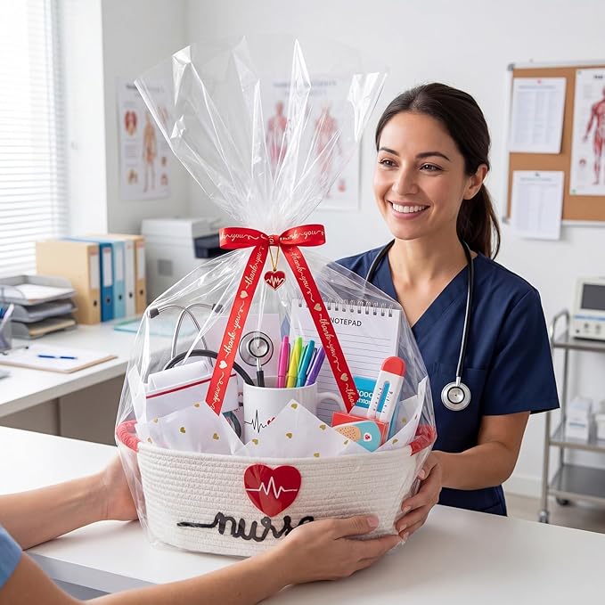 Colingmill 2026 Graduations & Nurses Week Gift Basket Empty to Fill, Woven Rope Basket 15" x 11" x 6" Decorative Storage Baskets with Gift Bag, Bow, Tissue Paper & Year Charm (White)