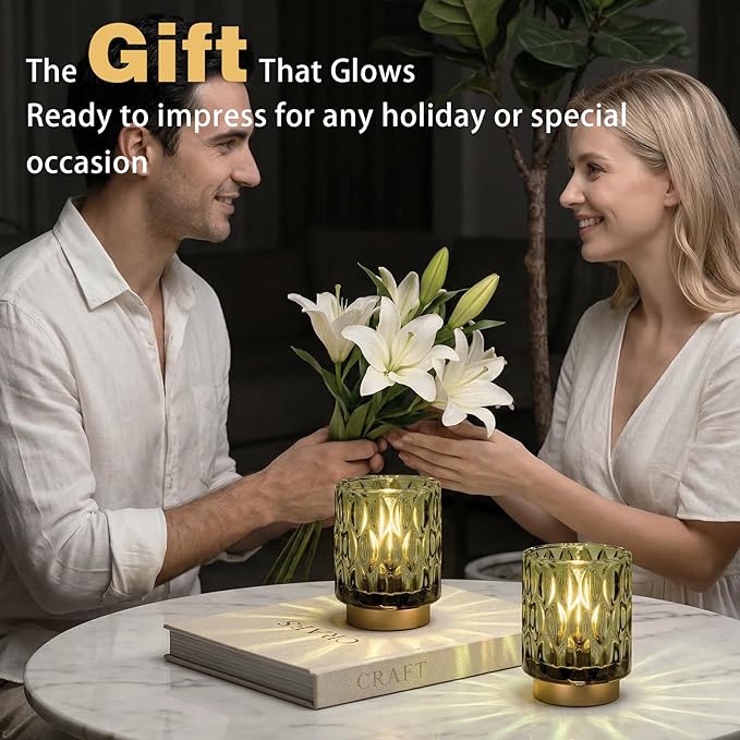 Battery Operated Table Lamps Timer, Mini Crystal Lamp for Area No Plug, Cordless Lamp with LED Bulb for Power Outage, Decorative Lamps for Tabletop/Corner/Entryway/Stairway/Bathroom (2 Green)