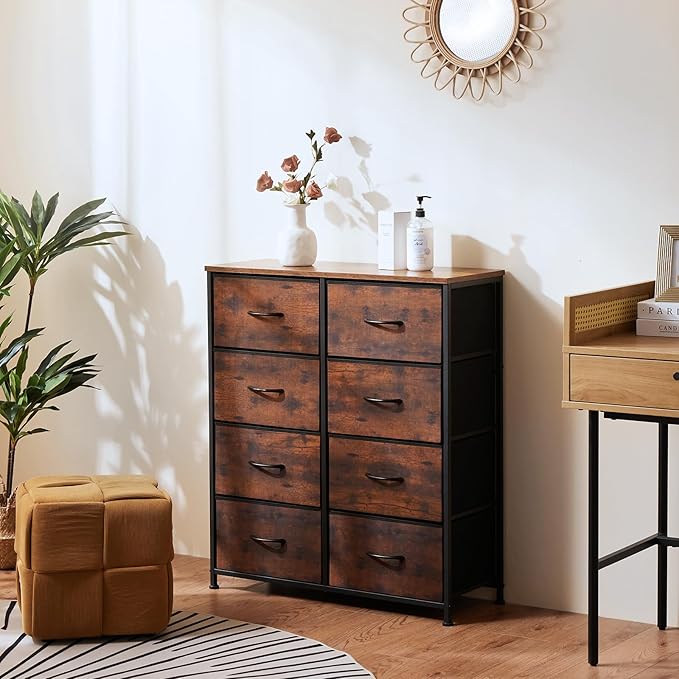 OLIXIS Dresser for Bedroom, 8 Storage Drawers, Tall Large Fabric Storage Tower Organizer, Chest of Drawers with Metal Frame Wooden Top for Nursery, Closet, Living Room, Entryway, Classic Rust Brown