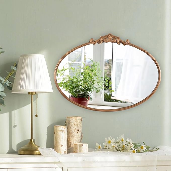 HQiJun Oval Gold Mirror for Bathroom Vanity, Baroque Ornate Vintage Wall Mirror with Large Rounded Metal Frame, Decorative Antique Brass Mirror for Bedroom, Dresser, Entryway (Gold, 24”x 35.5" x1.2")