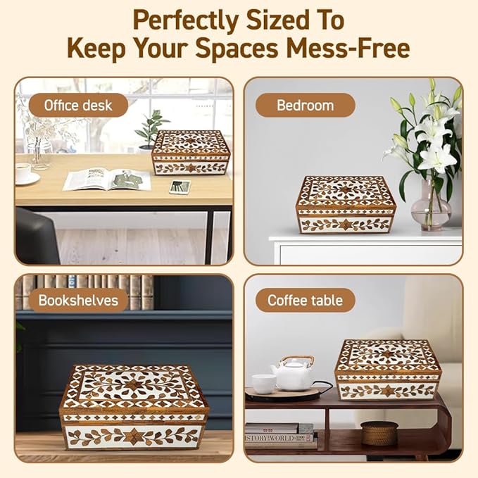 Perilla Home Home Decor Decorative Storage Wooden Box Small Floral Organizer Tool Stash Card Craft Treasure Trinket Memory Keepsake Jewelry Box for Men and Women, Gifts For All, Brown and Off White