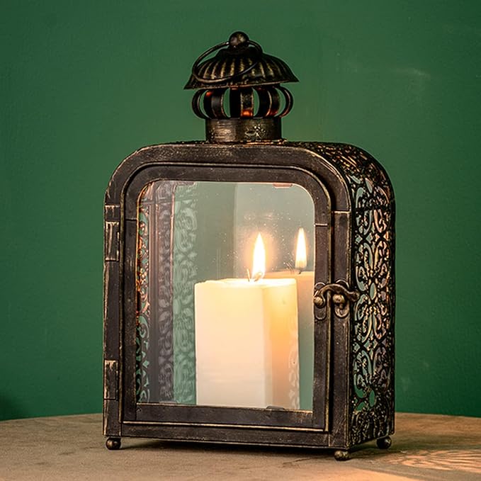 DECORKEY Candle Lantern Decorative Indoor & Outdoor, Vintage Metal Lanterns with Clear Glass, Tabletop&Hanging Candle Holders for Patio Front Porch Home Decor, Christmas Decorations (Bronze)