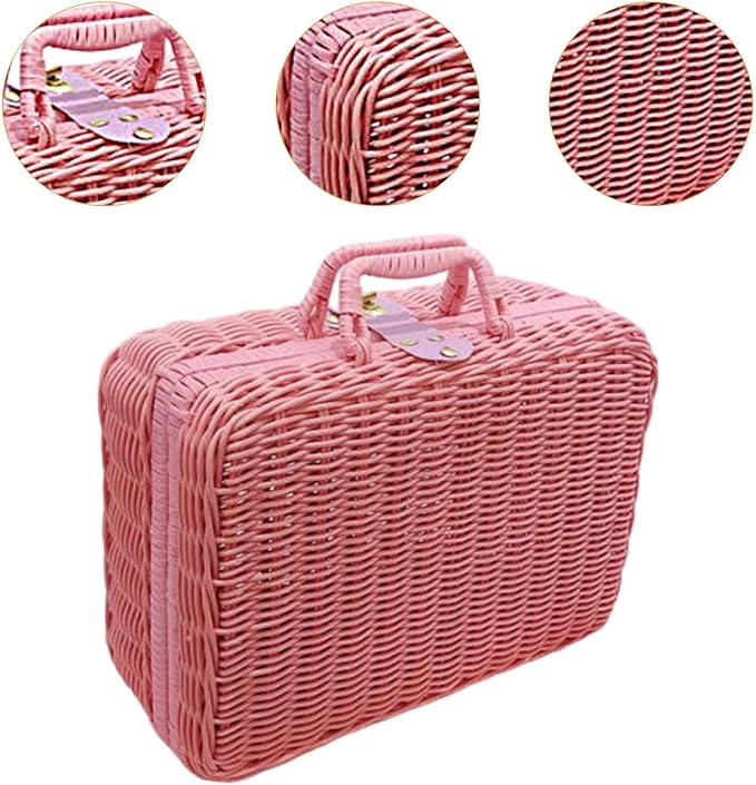 Woven Suitcase Imitation Rattan Storage Basket Portable Photo Prop Makeup Case Picnic Basket for Tabletop Bathroom Household, Pink XL