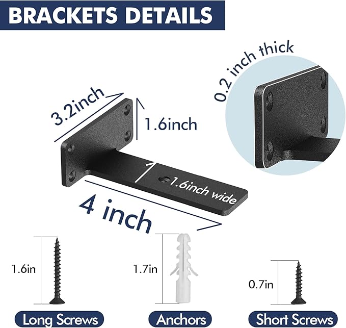 Starunder 8 Pack Floating Shelf Brackets, 4 Inch Heavy Duty Industrial Shelf Bracket, Black Metal L Brackets for Shelves Support DIY(1/5 Inch Thicked)