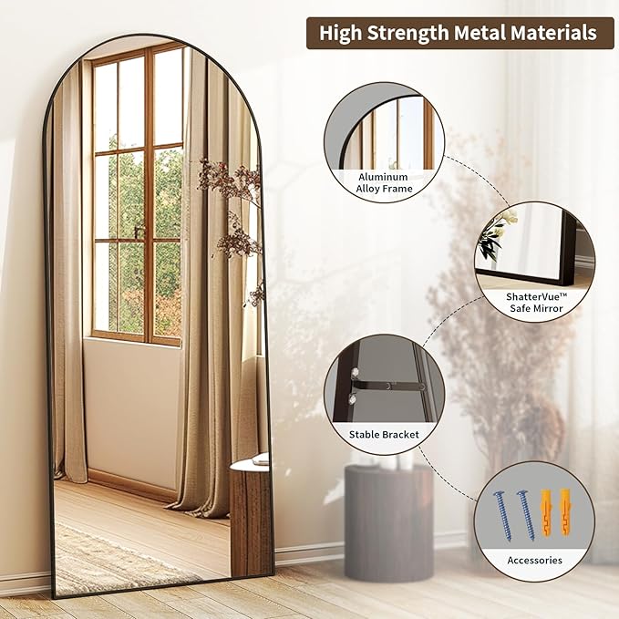 XRAMFY 56"x21" Arched Full Length Mirror Floor Mirrors with Aluminum Alloy Frame Free-Standing Wall Mounted Floor Mirrors or Large Dressing Mirror, Black Mirror Full Length