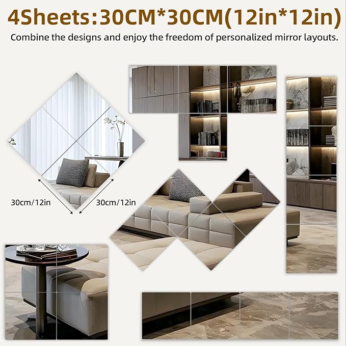 Stick on Small Mirror for Wall Decor Plastic Non Glass Sticky Kids Safety Toddler Mirrors, 4 Pack 15.8”x15.8” Acrylic Mirror Tiles Shatterproof Mirrors Sheet for Bedroom Unbreakable Adhesive Mirror's