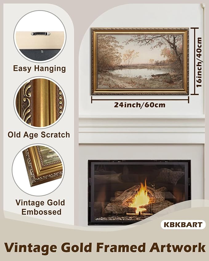 KBKBART Vintage Framed Wall Art for Living Room, French Country Decor Retro Rivers Muted Autumn Pond Landscape Oil Painting, Neutral Farmhouse Decor, Gold Framed Canvas Print, 16"x 24"
