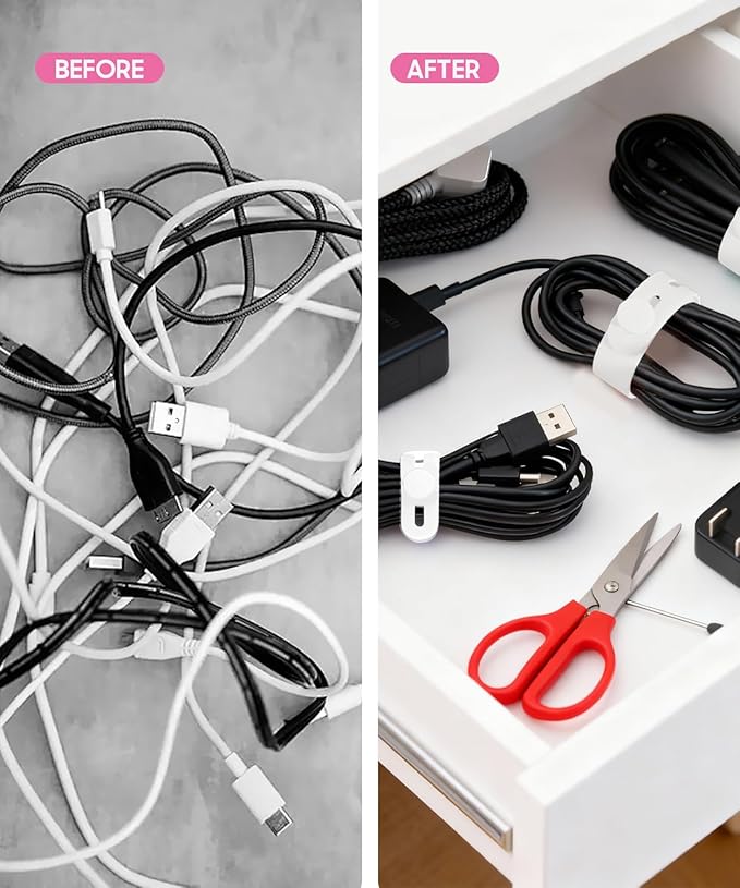 25Pack Silicone Cable Ties,Reusable Cord Organizer for Bundling Electrical Cords,Adjustable Data Cable Organizer Ties,High Elasticity Cable Straps for Home/Office/School/Travel(White)