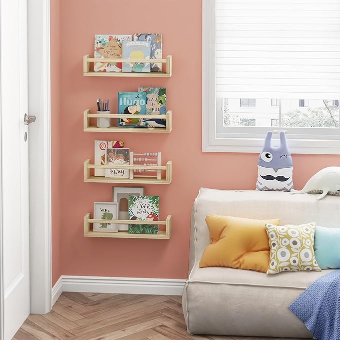 Fixwal Nursery Book Shelves, 16.5 Inch Floating Nursery Bookshelves, Set of 4, Solid Wood Wall Mounted Shelves for Books and Toys Storage (Natural Wood)