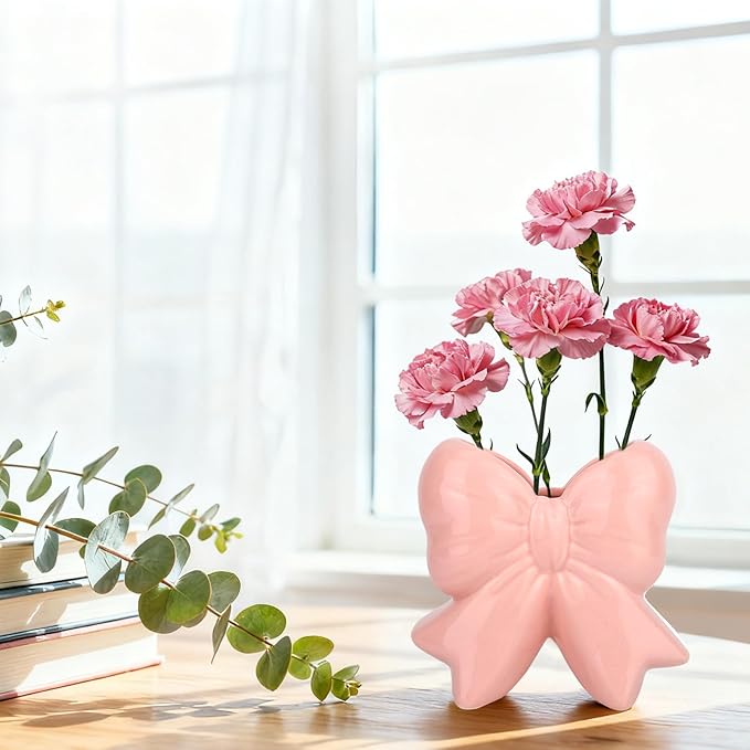 Pink Bow Ceramic Vase, Pink Ceramic Vase Pen Holder Makeup Brush Organizer for Home Office Decor