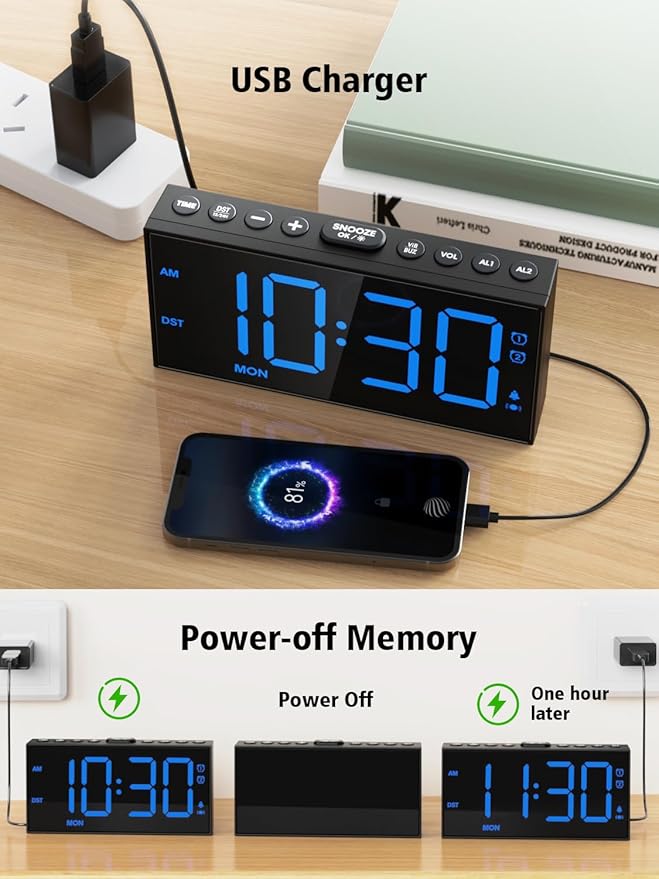 Vibrating Alarm Clock for Heavy Sleepers – Loud Bed Shaker, Dual Alarms with Weekday/Weekend Mode, 3 Vibration Levels, 5-Volume & Dimmer, Large Display, USB + Battery Backup – Deaf & Hearing-Impaired