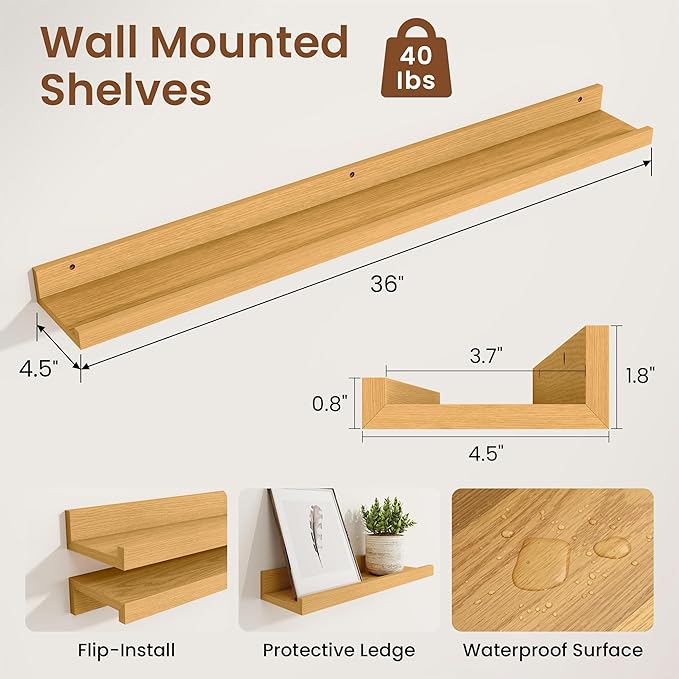 Heimlove Picture Ledge Shelf,36 inch Long Floating Shelves for Wall Set of 2,Picture Shelf with Lip for Wall Decor,Living Room,Bedroom,Bookshelf,Nursery,Perfume,Oak Color