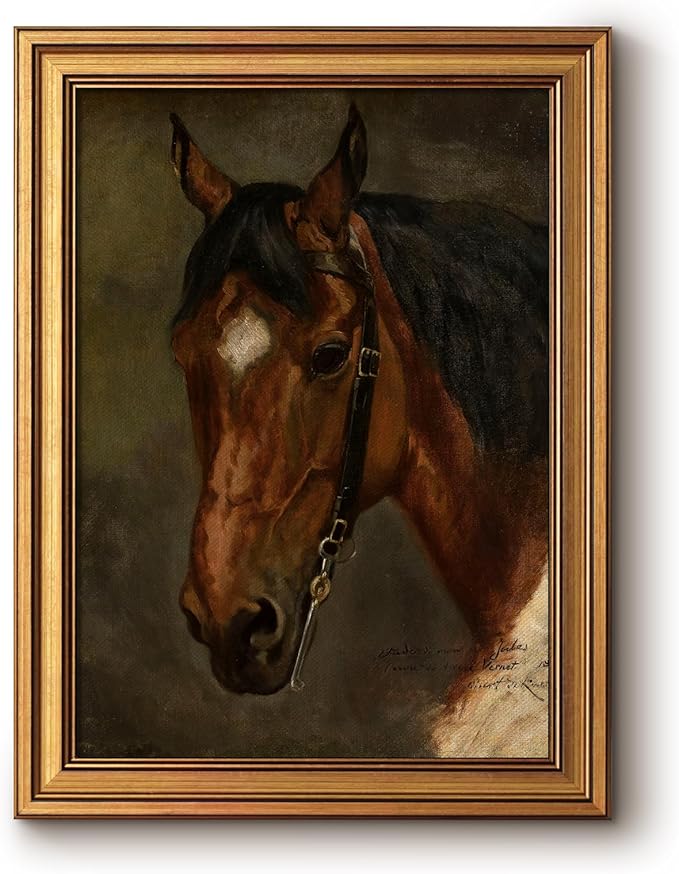 Bzstyleart Vintage Wall Art Decor for Living Room, Horse Pictures Wall Decor, Framed Canvas Artwork, Antique Animal Painting Kitchen Bedroom Bathroom Home Decor, 12 x 16 Inch