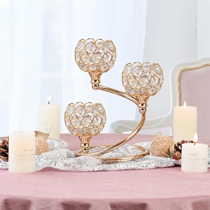 Metal Crystal Candle Holder Set of 3 - Elegant 5-Arm Metal Tea Light Centerpiece with Shining Crystal Bowl, Wedding Anniversary Table Decor for Dining, Party (Gold, 6 Pcs 3 Arm)
