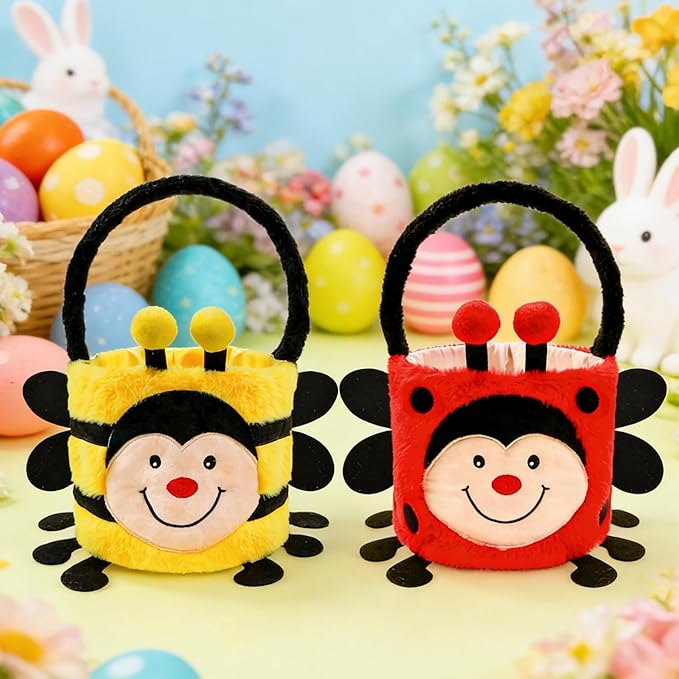 DearSun 2 Pcs Easter Basket Bee & Ladybird Plush Baskets, Easter Egg Hunting Basket for Kids Gifts Party Decoration Supplies, Dia 8" * H 15.7"(Ladybird & Bee)