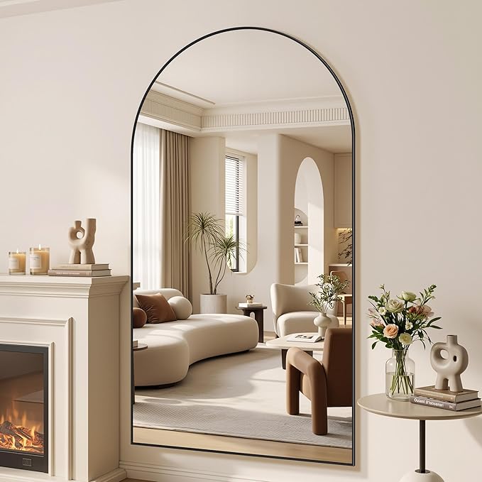 Suidia 76"x44" Arched Full Length Mirror with Stand, Full Body Mirror with Aluminum Frame, Freestanding/Leaning/Wall-Mounted, Floor Mirrors for Bedroom, Living Room, Entryway, Dressing Room, Black
