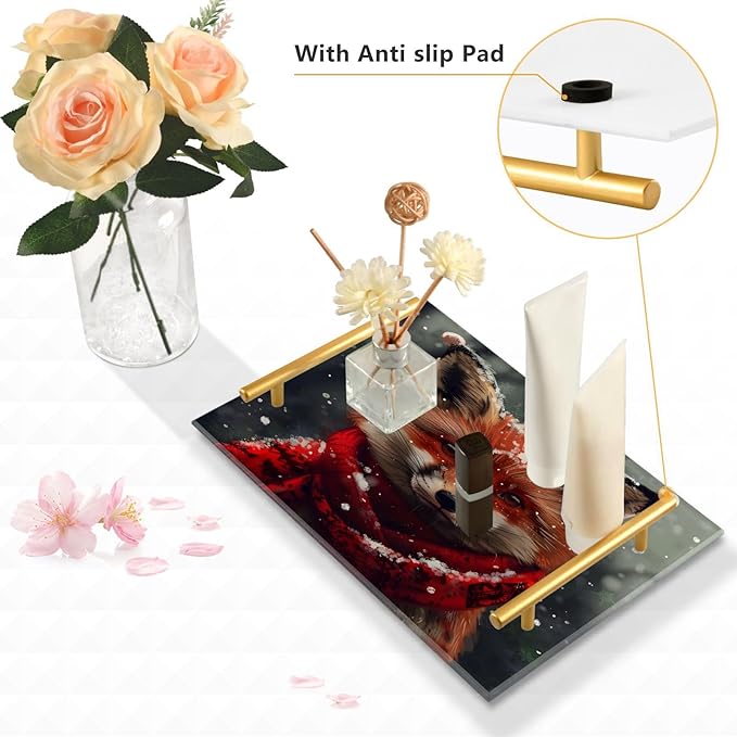 CEBUGI Animal Acrylic Decorative Coffee Table Tray Ottoman Tray with Anti Slip Pad Serving Tray with Gold Handles for Bathroom Living Room,7.87 x 11.81in