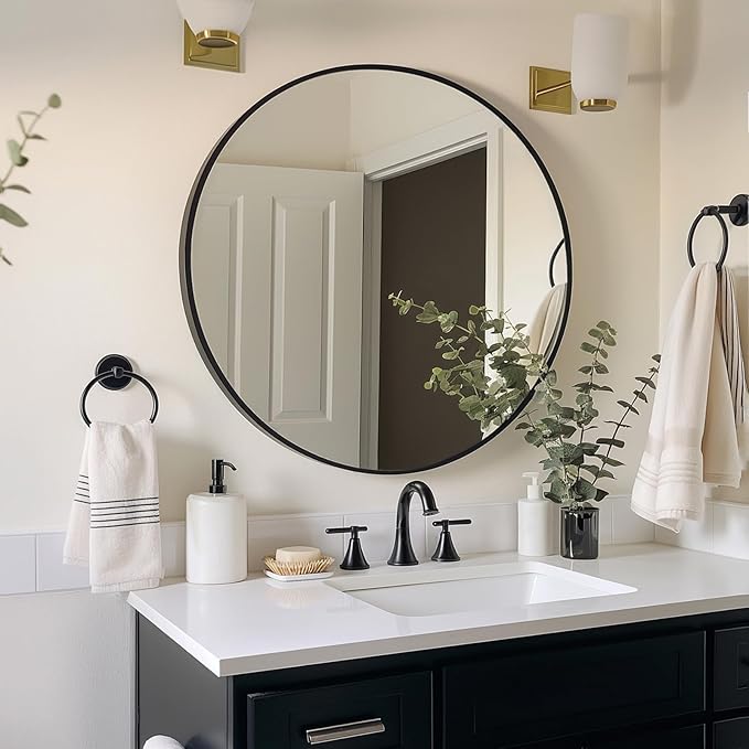 Sunniry Black Round Mirror, Round Mirror 24 inch, Black Circle Mirrors Metal Frame, Wall Mounted Mirrors for Living Room, Bathroom, Wall, Entryway.