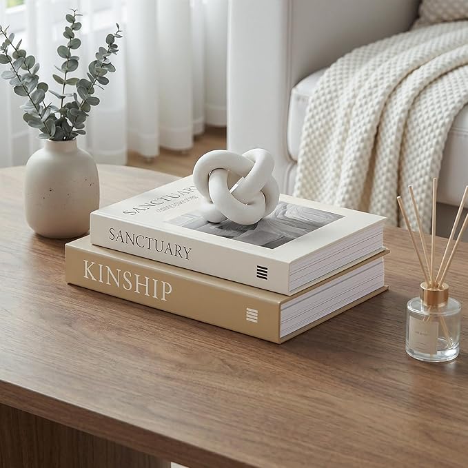 Minimalist Fake Books for Bookshelf Decor (Set of 2) - White Decorative Box with Storage - Scandi & Clean Aesthetic Coffee Table Books - Sanctuary & Kinship (Cloud White & Sand Beige)