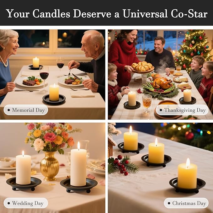 Black Candle Holder Decor, 4.13 Inch Round Candles Tray Holders Set of 4, Iron Plate Candle Stand for Pillar Ball Candles, Metal Porta Velas for Wedding Home Decor Table Centerpiece