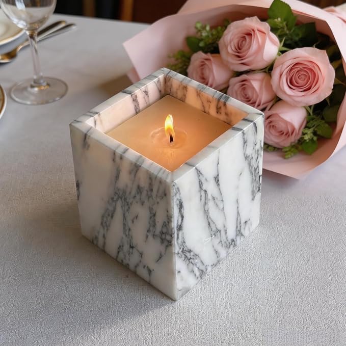 Natural Marble Stone Square Storage Container Empty Vessel Holder Cup for Candle/Pens/Sundries items (Arabescato White)