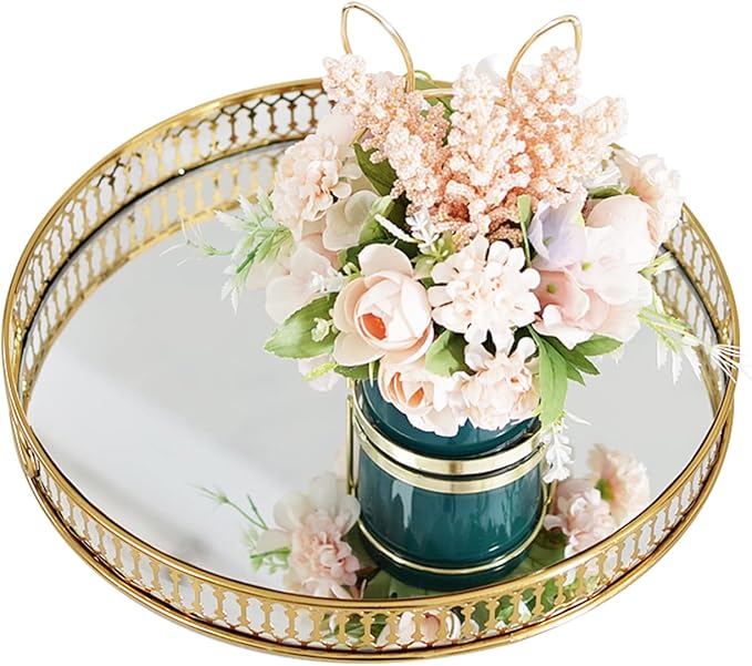 9.8×1.7in Round Decorative Mirror Tray American Style Makeup Organizer Jewelry Organizer Serving Tray with Decorative Geometric Shape Side for Whiskey Decanter, Vanity Set, Perfume Tray