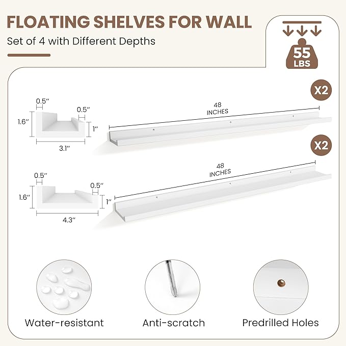 Fun Memories Picture Ledge Shelf, White Floating Shelves Set of 4, 48 Inch Picture Shelves for Wall with Ledge, Large Nursery Book Shelf for Toys Storage, Living Room, Bedroom Decor Frames