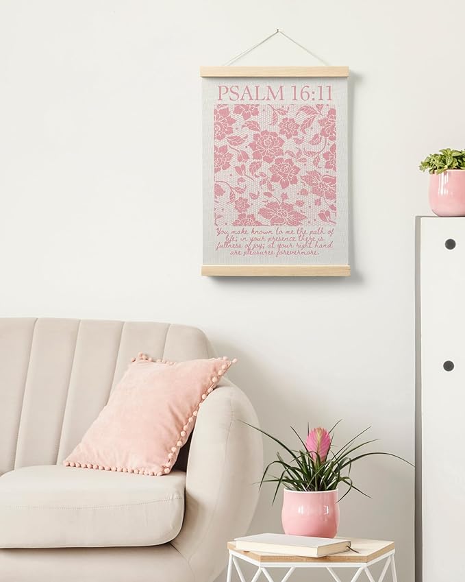 FGFK Pink Lace Floral Christian Wall Art Poster Hanger Frame, Christian Room Decor, Psalm 16:11 Bible Verse Canvas Prints Framed Wall Decor for Girls Bedroom Dorm Apartment, 12x16 Inch