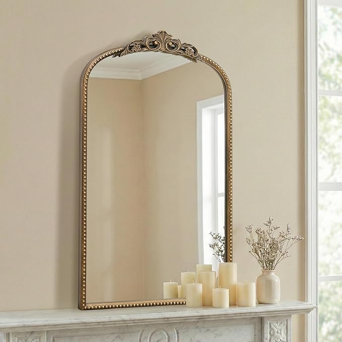 Micasso Vintage Wall Gold Mirror: 31"x 19" French Baroque Antique Mirror - Traditional Ornate Decorative Arched Mirrors for Wall/Bathroom/Entryway/Fireplace/Hallway - Home Decor for Living Room
