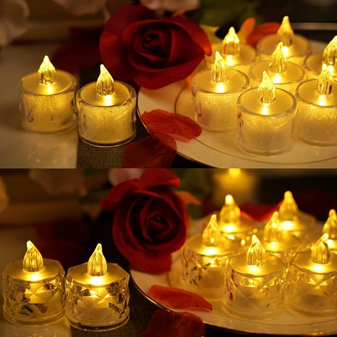 SupBri 24 Pack Flameless Tea Lights Battery Operated, Crystal LED Tealight, Votive Fake Candles for Valentines Wedding Decorations