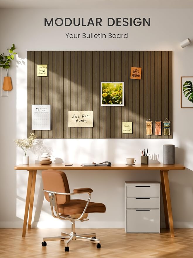Bumusty Large Cork Board Alternative-48 x 36" Felt Bulletin Board Tiles, with 30 Pushpins, 70 Adhesive Tabs, Fine-Stripe 12-Pack, Cork Boards for Office Push Pin Board Felt Board-Earth Brown