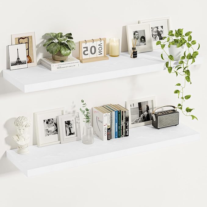 Vivelove White Floating Shelves 12 Inches Deep, 47.2x12 Floating Shelves for Wall with Invisible Brackets, Room Shelves for Living Room Bedroom Kitchen Office, Set of 2